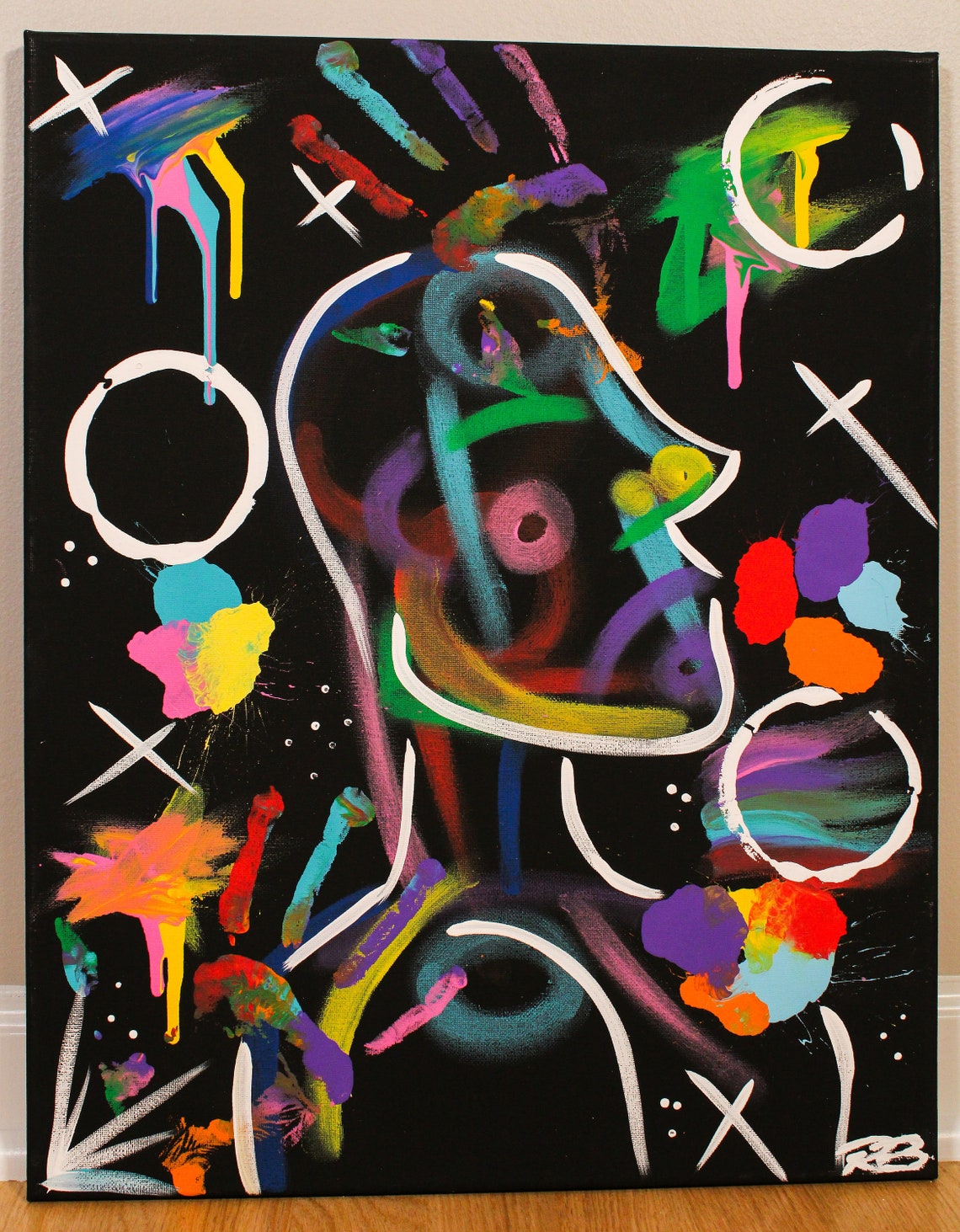 3 Neon Figuren auf schwarzer Leinwand Acrylmalerei Sammlung Etsy.de