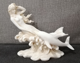 Mermaid on a Wave With a Dolphin 17cmH 19cmW Alabaster Handmade Sculpture Home Decor Free Shipping - Free Tracking Number