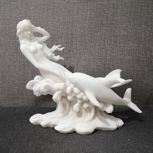Mermaid on a Wave With a Dolphin 17cmH 19cmW Alabaster Handmade Sculpture Home Decor Free Shipping - Free Tracking Number