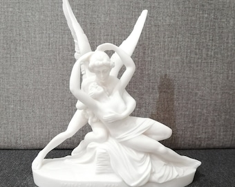 Cupid and Psyche Sculpture: Greek Handmade Cast Alabaster (8.07in)