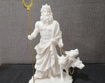 Hades Sculpture: Greek God of Underworld with Cerberus, Handmade Alabaster (9.05in)