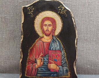 Jesus Christ Blessing Orthodox Icon, Carved Wood Religious Gift