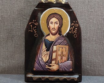 Jesus Christ Blessing Icon, Carved Wood Religious Gift