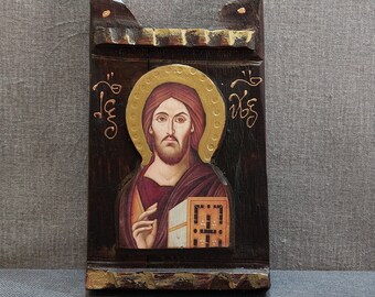 Jesus Christ Blessing Orthodox Icon, Carved Wood Religious Gift