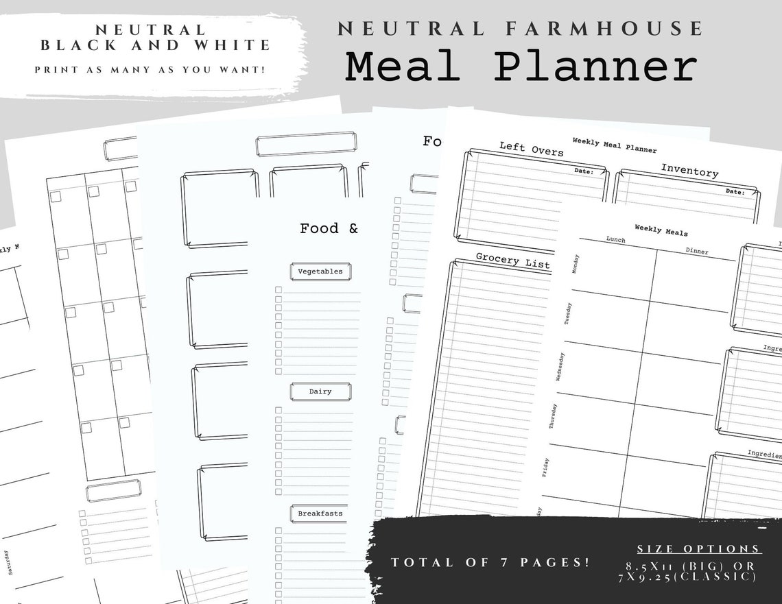 Farmhouse Neutral Meal Planner / Meal Plan Guide / Zero Food Waste ...