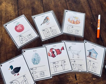 Alphabet Handwriting Cards, Watercolor, Flashcards, Montessori, Homeschool Resources, Preschool, Elementary, Educational Materials