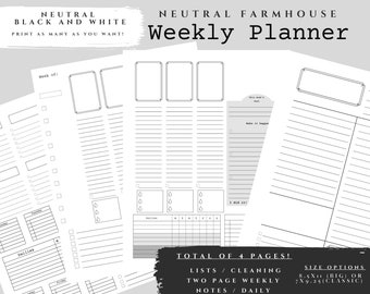 Weekly Farmhouse Neutral with Lists and Notes / Cleaning / Goals / Health and Fitness / Daily Routines / To Lists / Daily Planner