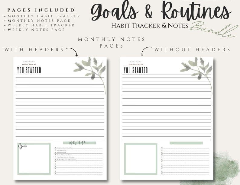 May include: Printable planner pages featuring a watercolour leaf design. The pages are titled "You'll Be Glad You Started" and include sections for goals, monthly notes, and a to-do list.