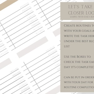 May include: A printable planner page with a beige background and black text. The text reads "Let's Take a Closer Look! Sample with Daily Boxes". The page is divided into sections with headings such as "Create Routines to Go with Your Goals and Write the Task Here Under the Best Block/List", "Use the Boxes to Check the Task Each Day It's Completed", and "Can Be Put in Order with Your Day for Easy Routine Completion".