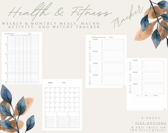 May include: Printable health and fitness tracker with four pages. The tracker includes sections for weekly and monthly meals, macros, activity, and weight tracking. The pages are designed with a simple, clean layout and include a calendar for monthly tracking. The text "Health & Fitness Tracker" is written in a decorative font at the top of the page. The text "Weekly & Monthly Meals, Macro, Activity, and Weight Tracker" is written in a smaller font below the title. The text "4 Pages" and "Size Options" is written at the bottom of the page. The text "8.5x11 (Big) or 7x9.27 (Classic)" is written below the size options.