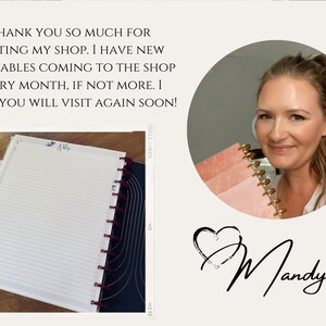 May include: A woman smiles and holds a pink and gold planner with the word "Mandy" written in black cursive below her. The text "THANK YOU SO MUCH FOR VISITING MY SHOP. I HAVE NEW PRINTABLES COMING TO THE SHOP EVERY MONTH, IF NOT MORE. I HOPE YOU WILL VISIT AGAIN SOON!" is above the woman's image.