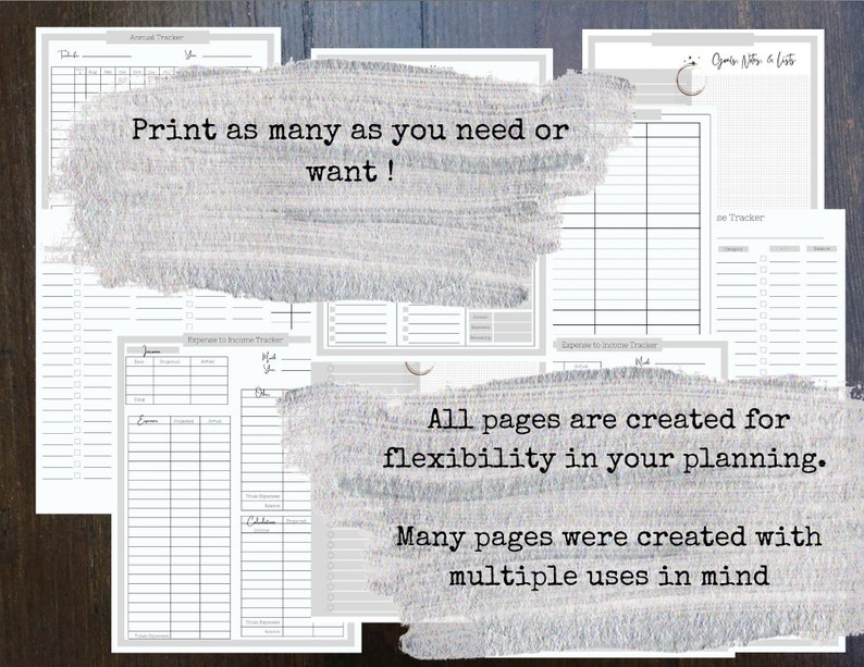 K&ouml;nnte beinhalten: Eine Sammlung von druckbaren Planerseiten in einem Grau-Wei&szlig;-Farbschema. Die Seiten umfassen eine Vielzahl von Layouts zum Verfolgen von Ausgaben, Einnahmen und anderen Aufgaben. Der Text "Drucken Sie so viele, wie Sie brauchen oder m&ouml;chten!" ist auf dem Bild geschrieben. Der Text "Alle Seiten wurden f&uuml;r Flexibilit&auml;t in Ihrer Planung erstellt. Viele Seiten wurden mit mehreren Verwendungszwecken im Sinn erstellt" ist ebenfalls auf dem Bild geschrieben.