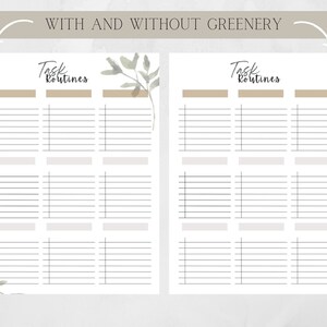 May include: Printable planner page with the text "Task Routines" at the top. The page is divided into three columns with lined sections for writing. The left side of the page features a watercolor illustration of green leaves. The right side of the page is blank.