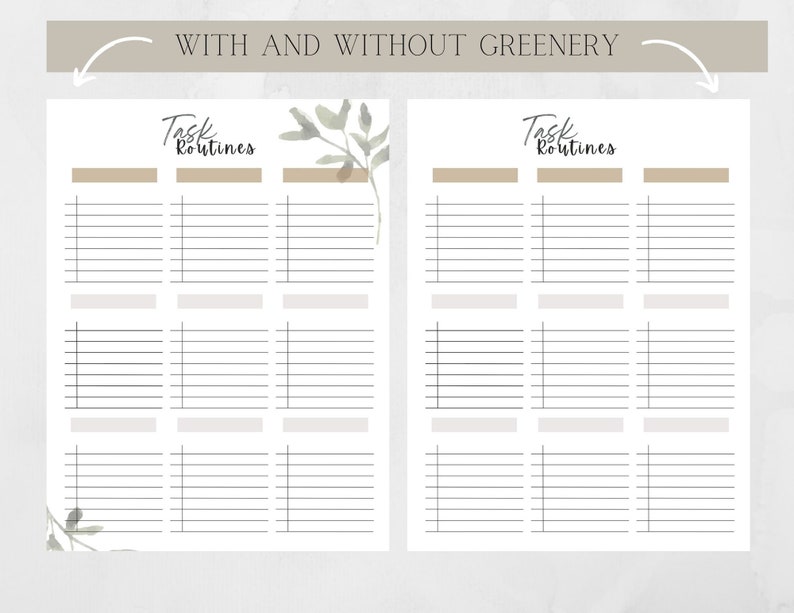 May include: Printable planner page with the text "Task Routines" at the top. The page is divided into three columns with lined sections for writing. The left side of the page features a watercolor illustration of green leaves. The right side of the page is blank.