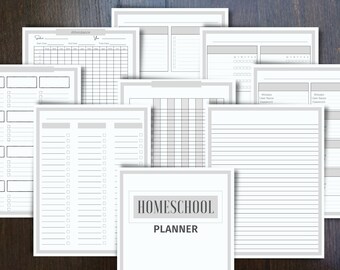 May include: A set of printable homeschool planner pages in a grey and white colour scheme. The pages include sections for attendance, schedules, to-do lists, and more. The title "HOMESCHOOL PLANNER" is printed in bold, black letters.