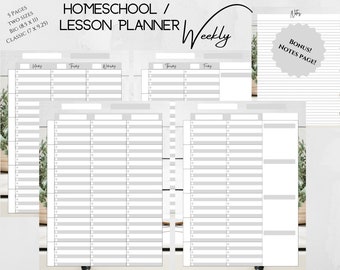May include: A printable homeschool lesson planner with a weekly layout. The planner has five pages, two sizes, and a bonus notes page. The planner is designed in a minimalist style with a grey background and white text.
