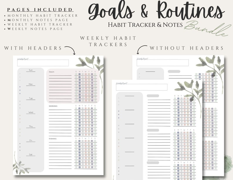 May include: Printable weekly habit tracker pages with headers and without headers. The pages feature a light grey background with a floral design and a section for daily notes. The pages are designed to help you track your habits and goals.
