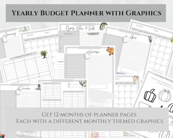 May include: A set of 12 printable budget planner pages with monthly themed graphics. Each page features a different graphic, such as a mountain range, a tree, a pumpkin, and a cup of coffee. The pages are designed to help you track your finances and stay on budget.