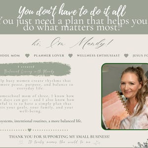 Puede incluir: Un folleto digital en tonos verde salvia y crema con el texto: You don't have to do it all. You just need a plan that helps you do what matters most! hi, I'm Mandy! HOMESCHOOL MOM, PLANNER LOVER, WELLNESS ENTHUSIAST, JESUS FOLLOWER.