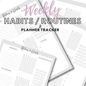May include: A printable planner tracker for habits and routines. The planner has a gray background with a pink title that says "Weekly Habits/Routines & Planner Tracker". The planner has a grid of circles for each day of the week, with space for writing in the morning, afternoon, and other sections.