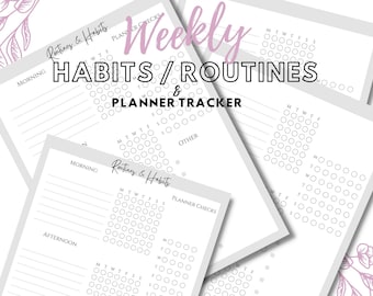 May include: A printable planner tracker for habits and routines. The planner has a grey background with a pink title that says "Weekly Habits/Routines & Planner Tracker". The planner has a grid of circles for each day of the week, with space for writing in the morning, afternoon, and other sections.