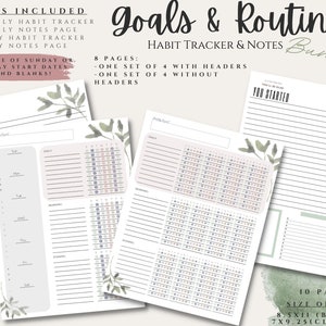 May include: A printable digital planner bundle for goal setting and habit tracking. The bundle includes 10 pages with a choice of Sunday or Monday start dates. The pages are designed with a watercolour floral motif and include a monthly habit tracker, monthly notes page, weekly habit tracker, and weekly notes page. The pages are available in two sizes: 8.5 x 11 inches (big) or 7 x 9.25 inches (classic).