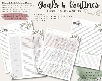 May include: A printable digital planner bundle for goal setting and habit tracking. The bundle includes 10 pages with a choice of Sunday or Monday start dates. The pages are designed with a watercolour floral motif and include a monthly habit tracker, monthly notes page, weekly habit tracker, and weekly notes page. The pages are available in two sizes: 8.5 x 11 inches (big) or 7 x 9.25 inches (classic).