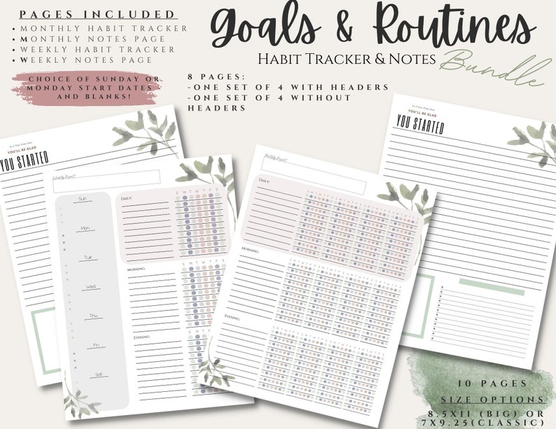 May include: A printable digital planner bundle for goal setting and habit tracking. The bundle includes 10 pages with a choice of Sunday or Monday start dates. The pages are designed with a watercolour floral motif and include a monthly habit tracker, monthly notes page, weekly habit tracker, and weekly notes page. The pages are available in two sizes: 8.5 x 11 inches (big) or 7 x 9.25 inches (classic).