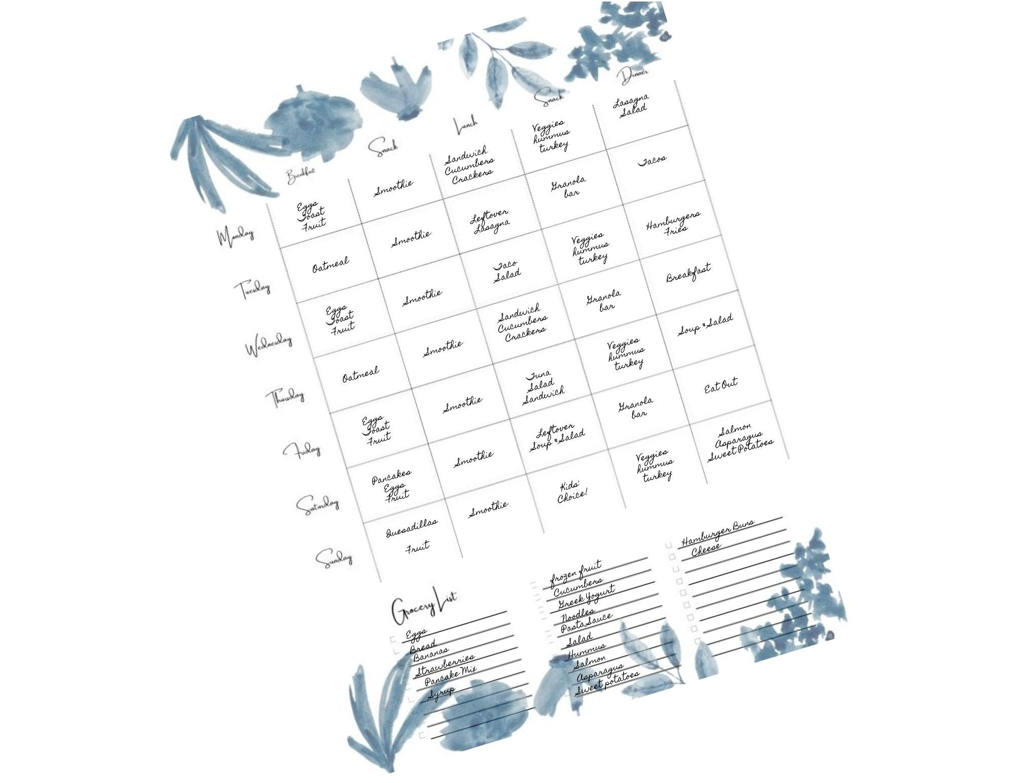 Weekly Meal Plan With Blue Flowers - Etsy