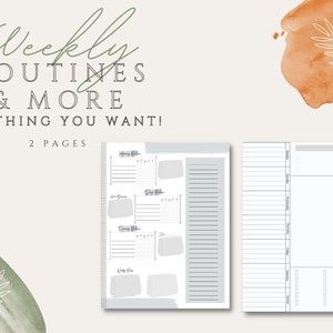 May include: A printable planner with two pages. The first page has sections for morning, day, evening, and weekly routines. The second page has a large section for daily tasks and a smaller section for notes. The planner is designed to help people organize their daily and weekly routines.
