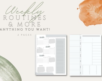 May include: A printable planner with two pages. The first page has sections for morning, day, evening, and weekly routines. The second page has a large section for daily tasks and a smaller section for notes. The planner is designed to help people organize their daily and weekly routines.