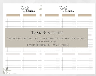 May include: A printable planner page with the title "Task Routines" and the text "Create lists and routines to form habits that meet your goals and intentions. 4 pages options & 2 size options". The page is divided into four sections with lines for writing.