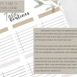 May include: A printable daily planner page with a light brown background and black text. The text reads "Let's take a closer look! Sample with daily boxes & greenery" and "Task Routines". The page is divided into sections for morning, afternoon, and evening, with checkboxes for each task. The text also explains how to organize tasks to order your day and how the label headers are color-coded.