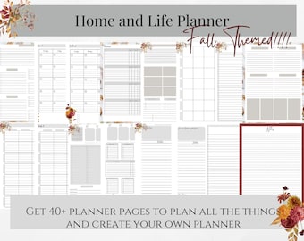 May include: A set of printable planner pages with an autumn theme. The pages include weekly spreads, monthly calendars, and note pages. The pages are decorated with autumn-themed graphics, such as leaves, pumpkins, and acorns.