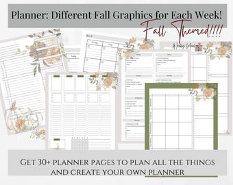 May include: A set of printable planner pages with autumn-themed graphics. The pages feature a variety of layouts, including weekly spreads, daily logs, and monthly calendars. The graphics include pumpkins, leaves, and flowers in shades of orange, brown, and green.