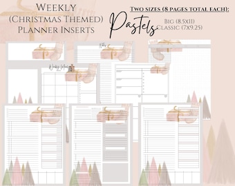 May include: Weekly planner inserts with a Christmas theme. The inserts feature a watercolour illustration of a gift box with gold ribbon and a stocking. The inserts are available in two sizes: 8.5 x 11 inches and 7 x 9.25 inches.