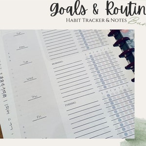 May include: A white habit tracker and notes bundle with the text "Goals & Routines" and "Habit Tracker & Notes Bundle". The tracker has a section for each day of the week and a section for morning and evening routines. The tracker has a grid of circles for tracking habits.