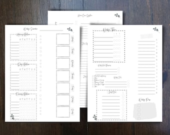 May include: A printable planner with sections for a weekly schedule, daily routines, and a to-do list. The planner has a simple design with black lines and grey floral accents.