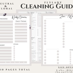 May include: A printable cleaning guide with a neutral and floral design. The guide includes a weekly overview, daily theme, and sections for home blessing, laundry, and other tasks. It also includes a zone cleaning checklist with sections for kitchen, master bedroom, and other areas. The guide is available in two sizes: 8.5 x 11 inches (big) or 7 x 9.25 inches (classic).