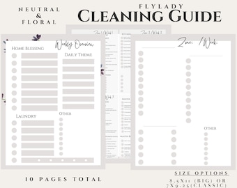 May include: A printable cleaning guide with a neutral and floral design. The guide includes a weekly overview, daily theme, and sections for home blessing, laundry, and other tasks. It also includes a zone cleaning checklist with sections for kitchen, master bedroom, and other areas. The guide is available in two sizes: 8.5 x 11 inches (big) or 7 x 9.25 inches (classic).