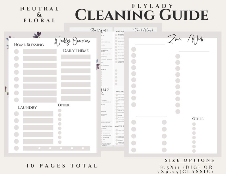 May include: A printable cleaning guide with a neutral and floral design. The guide includes a weekly overview, daily theme, and sections for home blessing, laundry, and other tasks. It also includes a zone cleaning checklist with sections for kitchen, master bedroom, and other areas. The guide is available in two sizes: 8.5 x 11 inches (big) or 7 x 9.25 inches (classic).