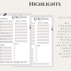 May include: A printable weekly cleaning checklist with a floral design. The checklist includes sections for home blessing, laundry, and other tasks. The text "Weekly Overview" and "Daily Theme" is included on the checklist.