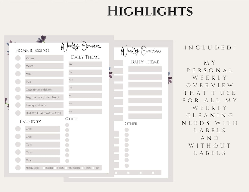 May include: A printable weekly cleaning checklist with a floral design. The checklist includes sections for home blessing, laundry, and other tasks. The text "Weekly Overview" and "Daily Theme" is included on the checklist.