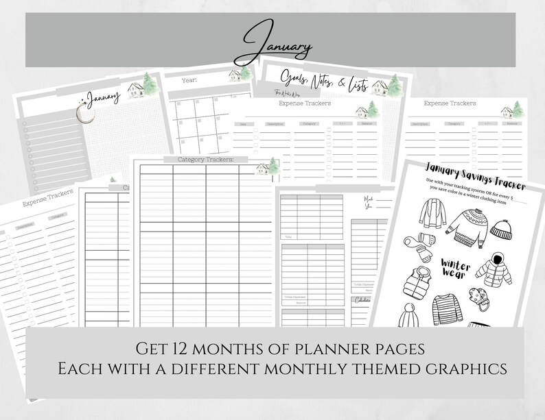 All the pages you will get for each month. This is January's theme!