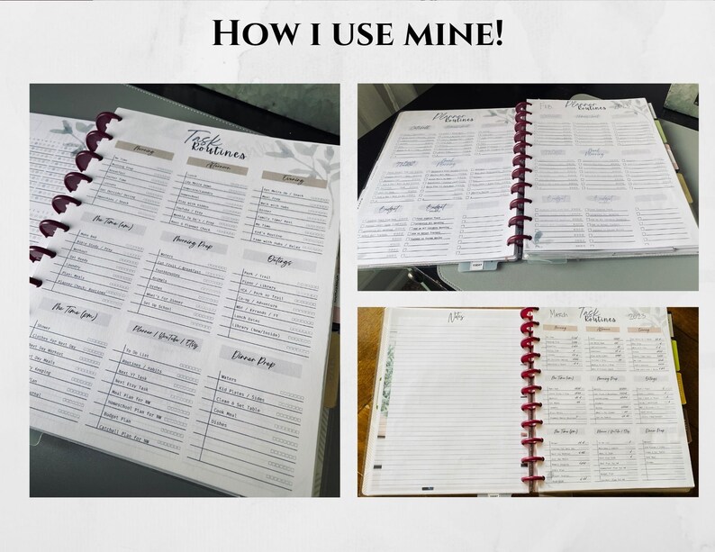 May include: A close-up of an open planner with a floral design. The planner has a section for "Task Routines" and includes sections for "Morning", "Evening", "Running Prep", "Errands", "Dinner Prep", and "Notes".
