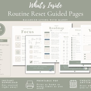 Puede incluir: Un conjunto de 46 p&aacute;ginas de planificador imprimibles tituladas Routine Reset Guided Pages de Balanced Living with Mandy. Las p&aacute;ginas incluyen secciones para Focus, Roadmap y Vision, con iconos y texto para la planificaci&oacute;n mensual, semanal y diaria.