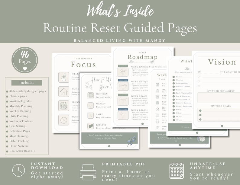 Puede incluir: Un conjunto de 46 p&aacute;ginas de planificador imprimibles tituladas Routine Reset Guided Pages de Balanced Living with Mandy. Las p&aacute;ginas incluyen secciones para Focus, Roadmap y Vision, con iconos y texto para la planificaci&oacute;n mensual, semanal y diaria.