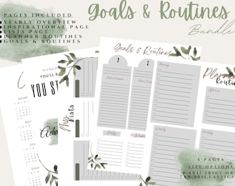 May include: Printable planner pages with a watercolour background and green leaves. The pages include a yearly overview, inspirational page, lists page, planner routines, and goals and routines. The pages are available in two sizes: 8.5x11 inches or 7x9.25 inches.