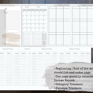 K&ouml;nnte beinhalten: Ein druckbarer Budgetplaner mit einer Checkliste und Notizenseite, einem Monatskalender, einem Einkommensbericht, Kategorieverfolgern und Ausgabenverfolgern.