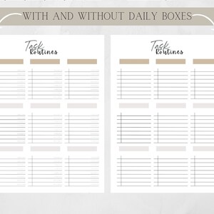 May include: Two printable task and routine lists, one with daily boxes and one without. Both lists have the title "Task Routines" written in cursive.